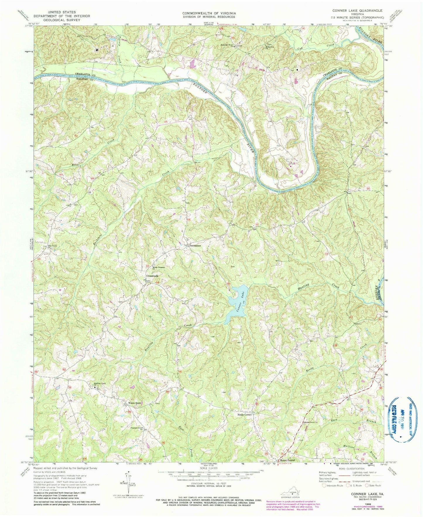 Classic USGS Conner Lake Virginia 7.5'x7.5' Topo Map Image