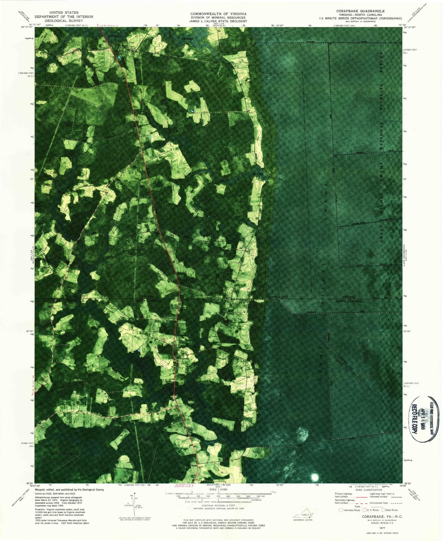 Classic USGS Corapeake North Carolina 7.5'x7.5' Topo Map Image