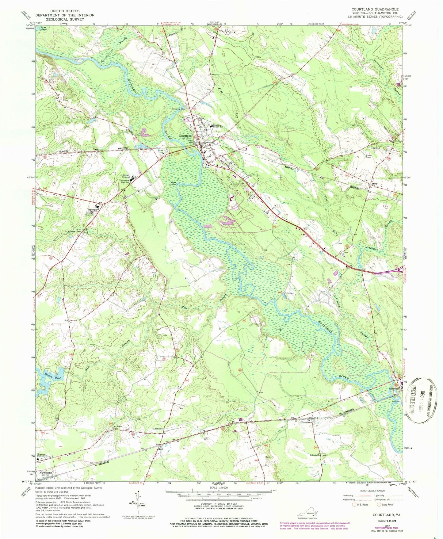 Classic USGS Courtland Virginia 7.5'x7.5' Topo Map Image