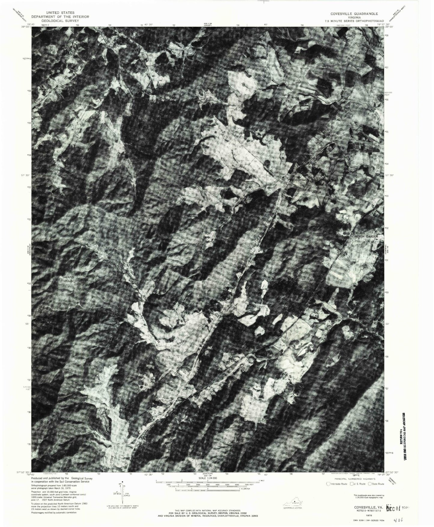 Classic USGS Covesville Virginia 7.5'x7.5' Topo Map Image