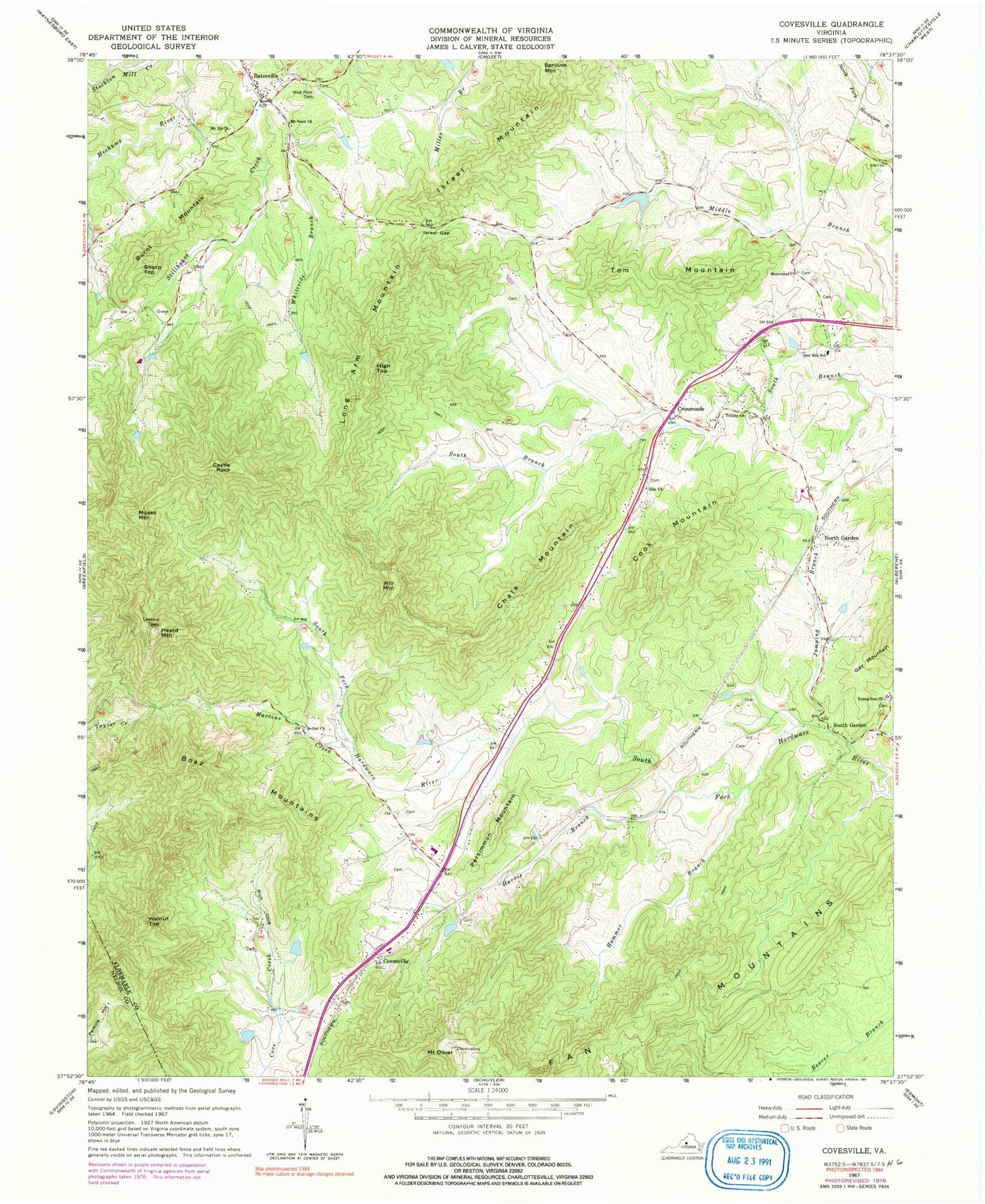 Classic USGS Covesville Virginia 7.5'x7.5' Topo Map Image