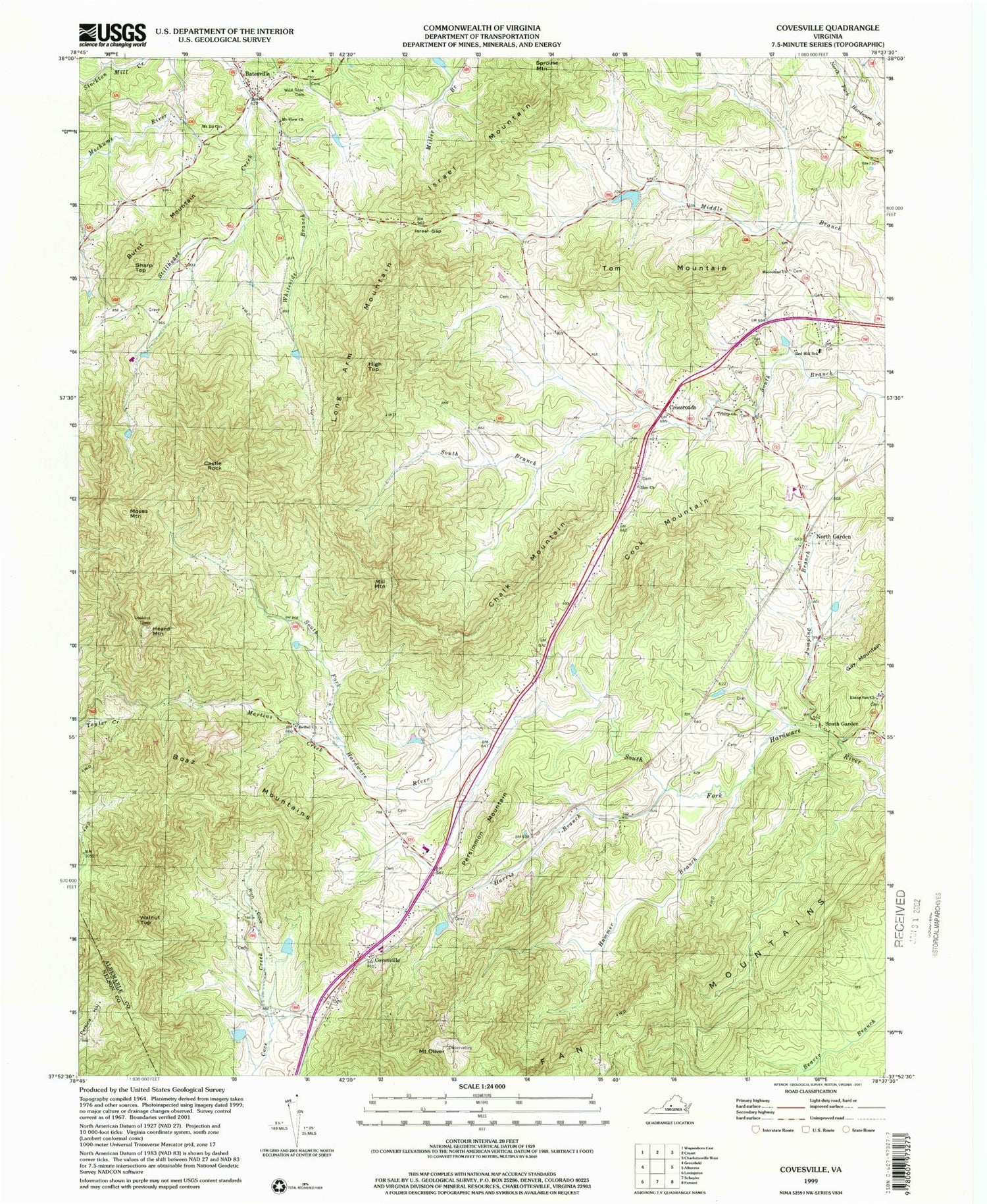 Classic USGS Covesville Virginia 7.5'x7.5' Topo Map Image