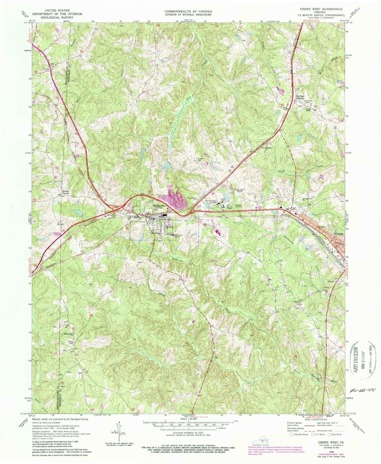 Classic USGS Crewe West Virginia 7.5'x7.5' Topo Map Image