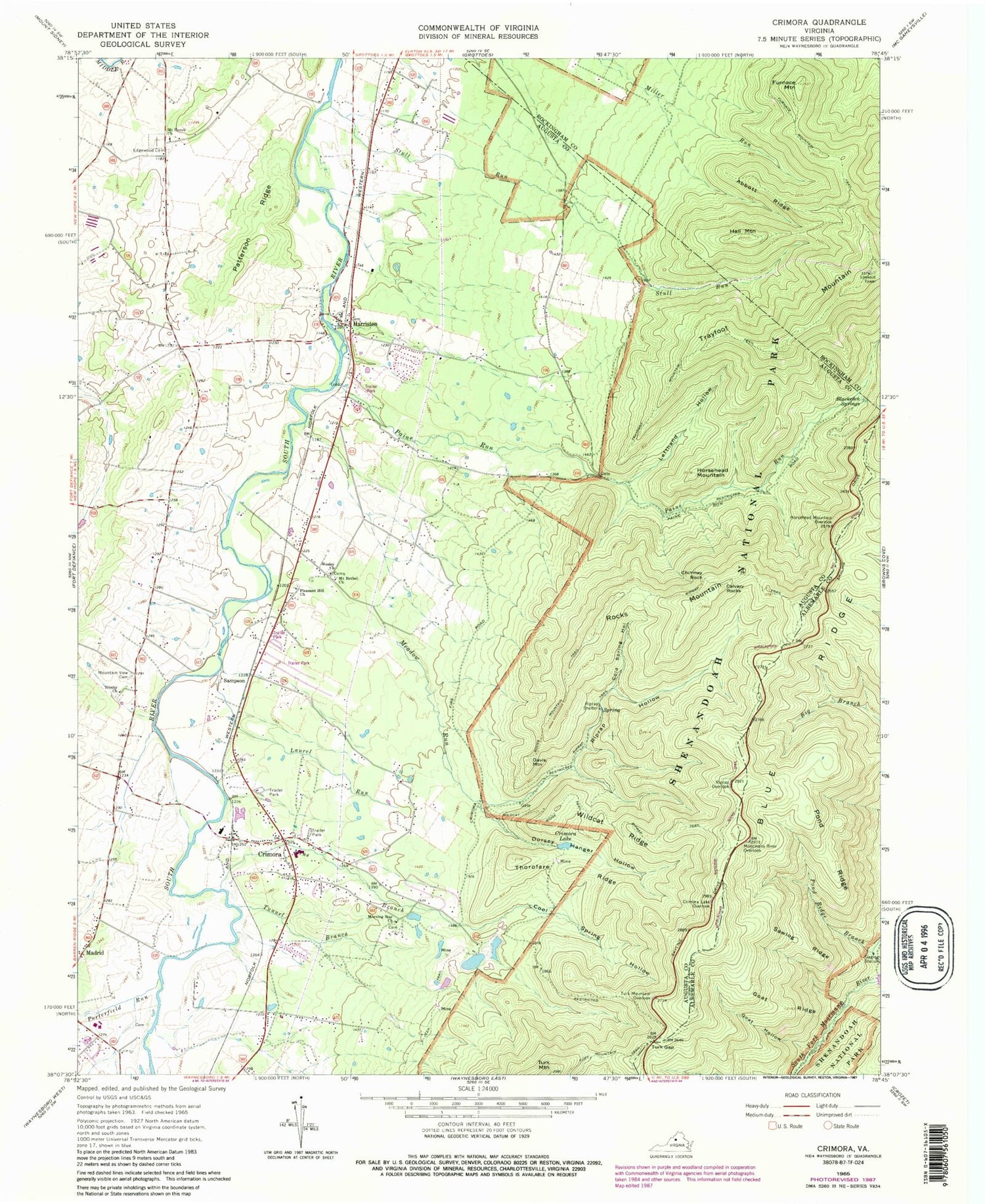 Classic USGS Crimora Virginia 7.5'x7.5' Topo Map Image