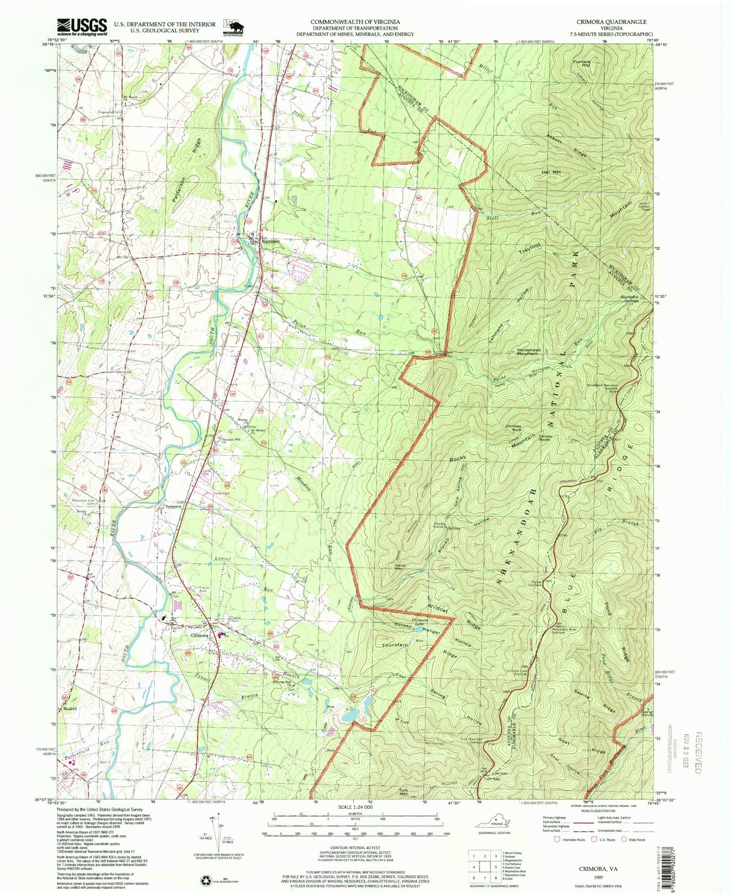 Classic USGS Crimora Virginia 7.5'x7.5' Topo Map Image
