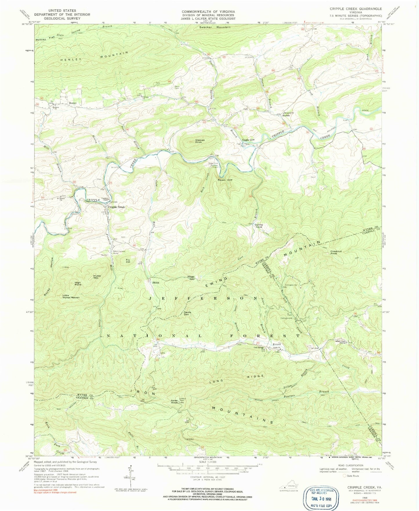 Classic USGS Cripple Creek Virginia 7.5'x7.5' Topo Map Image