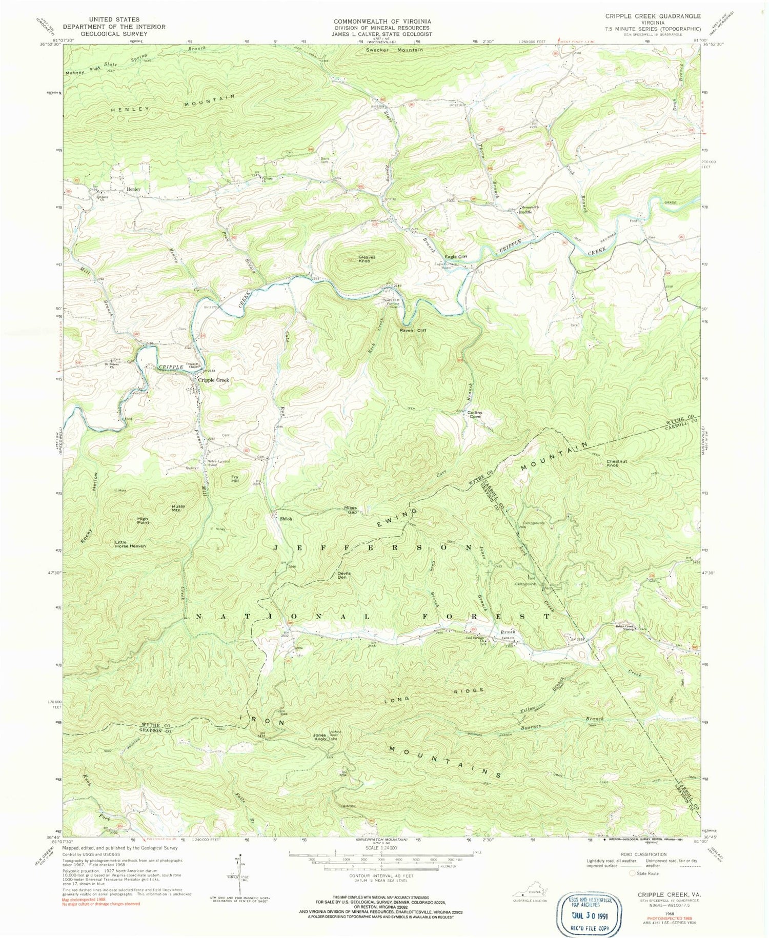 Classic USGS Cripple Creek Virginia 7.5'x7.5' Topo Map Image