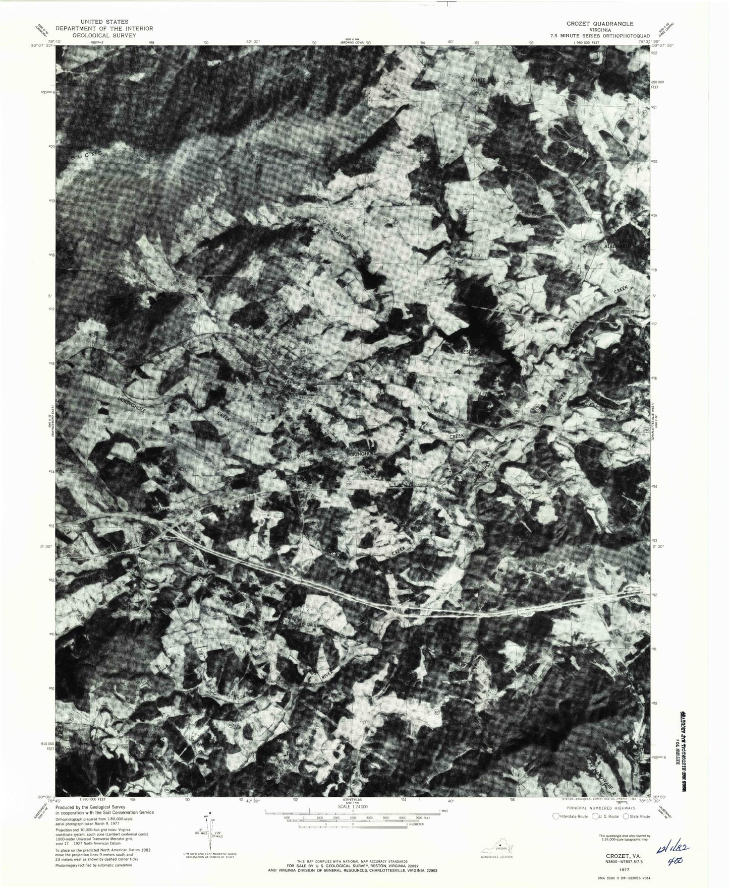 Classic USGS Crozet Virginia 7.5'x7.5' Topo Map Image