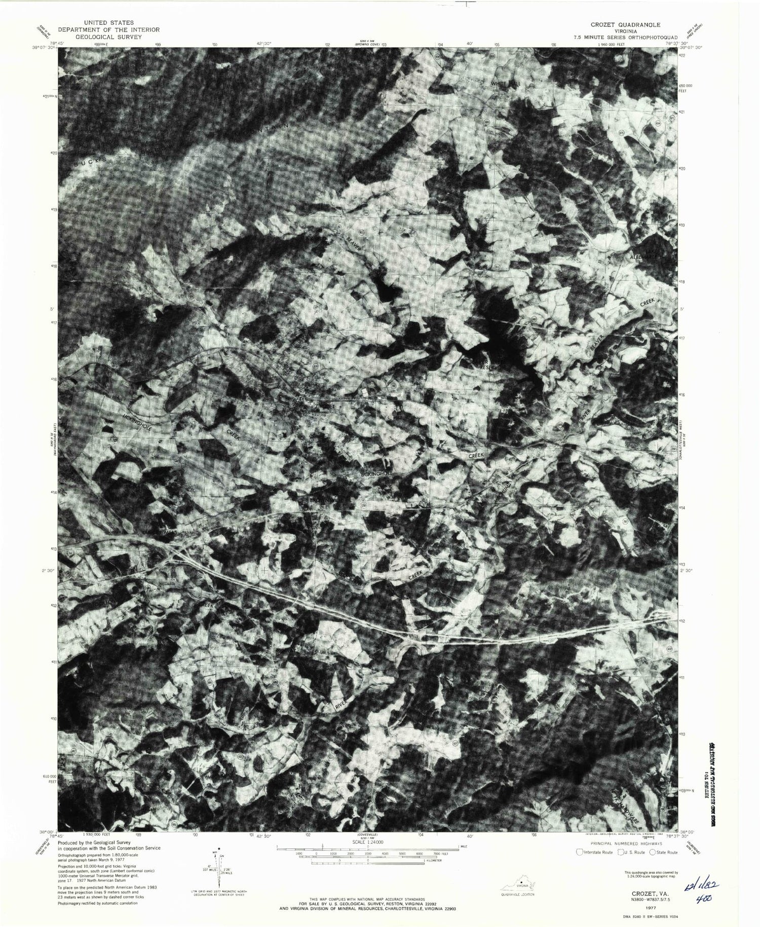 Classic USGS Crozet Virginia 7.5'x7.5' Topo Map Image