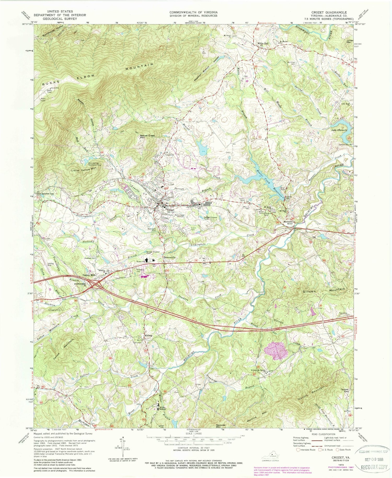 Classic USGS Crozet Virginia 7.5'x7.5' Topo Map Image