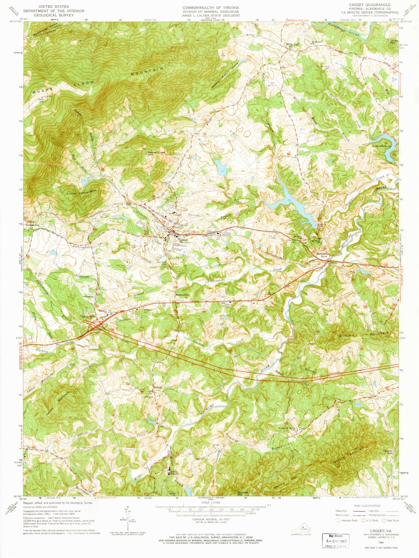 Classic USGS Crozet Virginia 7.5'x7.5' Topo Map Image