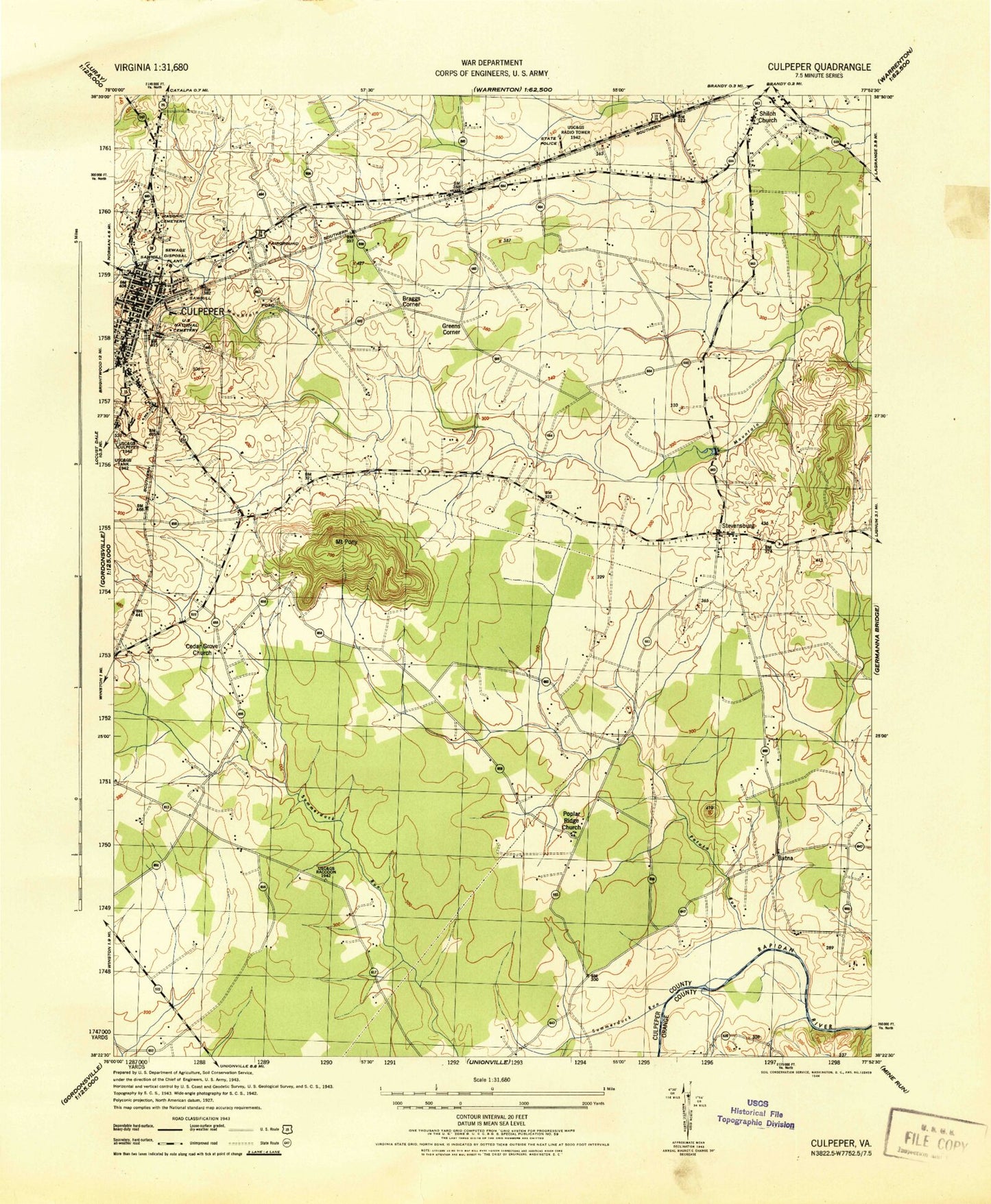 Classic USGS Culpeper East Virginia 7.5'x7.5' Topo Map Image