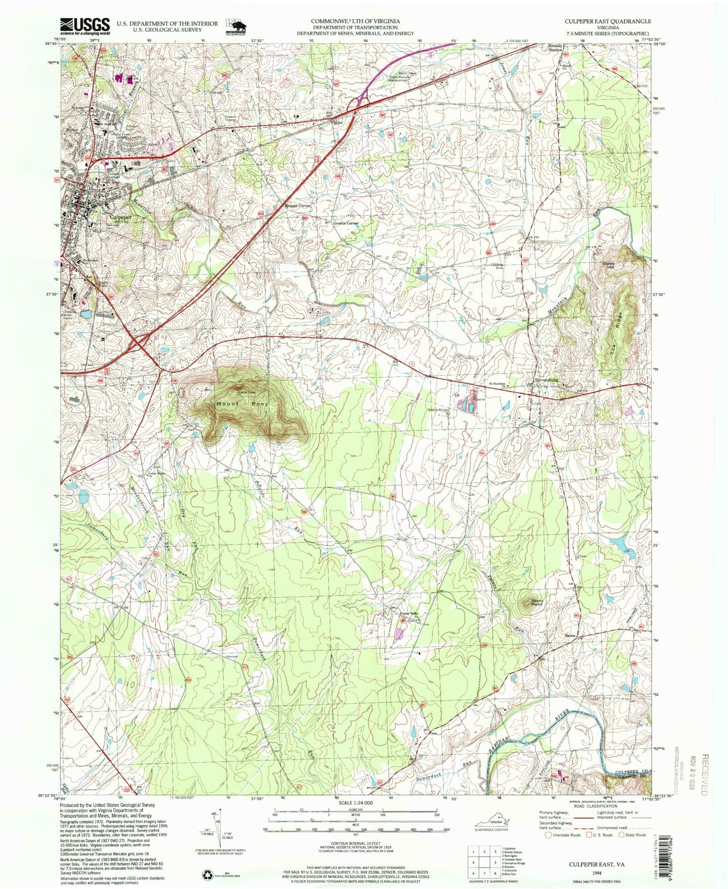 Classic USGS Culpeper East Virginia 7.5'x7.5' Topo Map Image