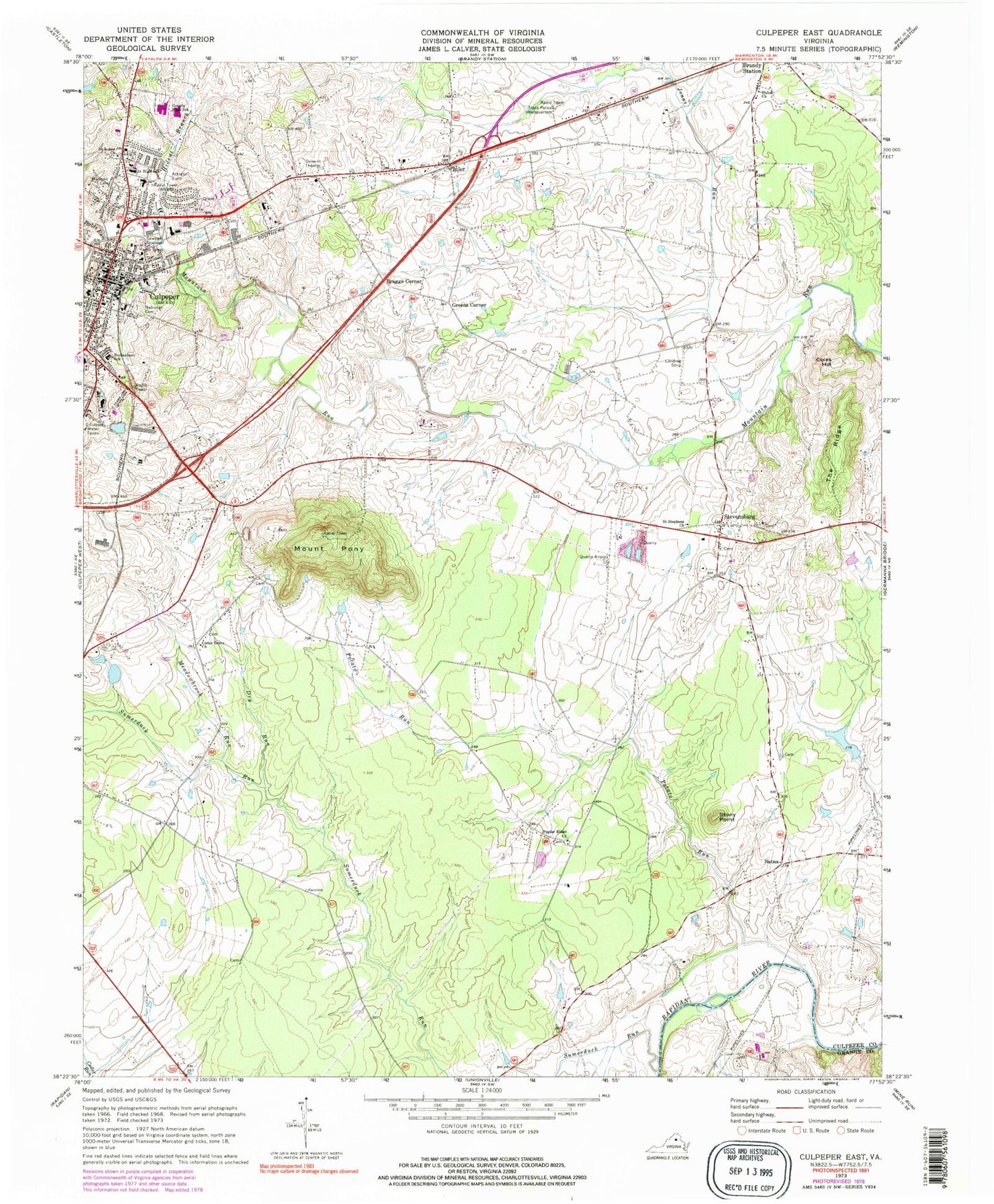 Classic USGS Culpeper East Virginia 7.5'x7.5' Topo Map Image