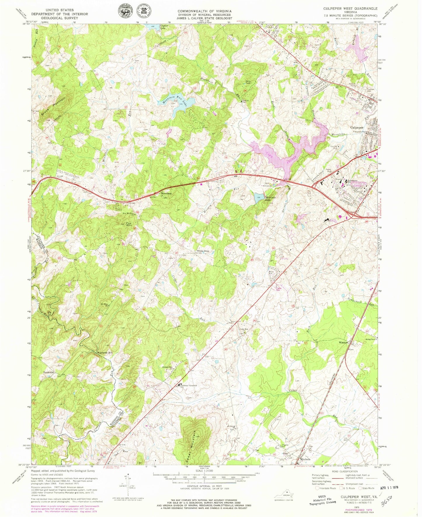 Classic USGS Culpeper West Virginia 7.5'x7.5' Topo Map Image