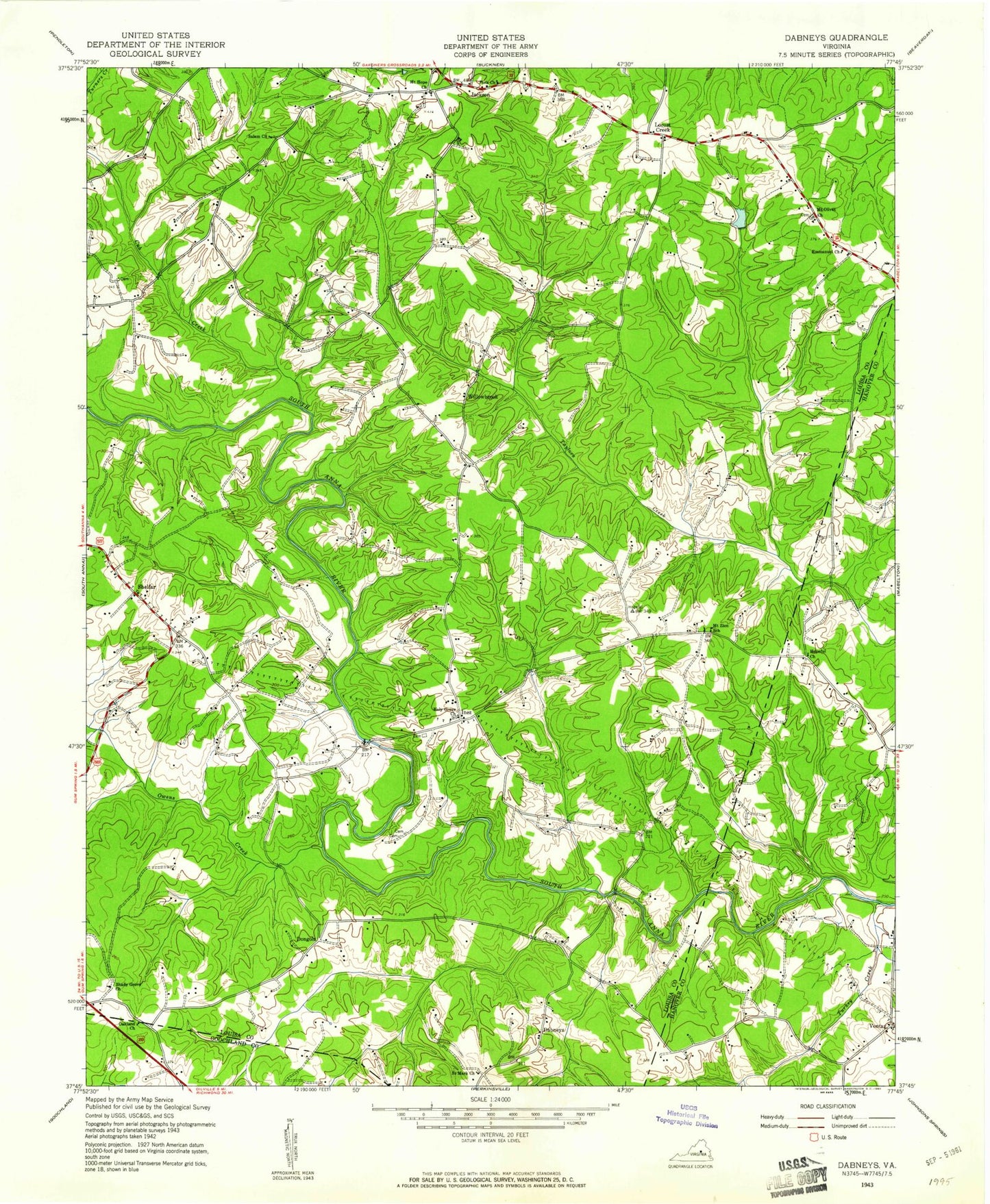 Classic USGS Dabneys Virginia 7.5'x7.5' Topo Map Image