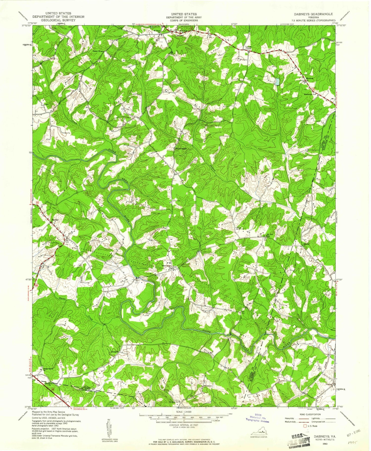 Classic USGS Dabneys Virginia 7.5'x7.5' Topo Map Image
