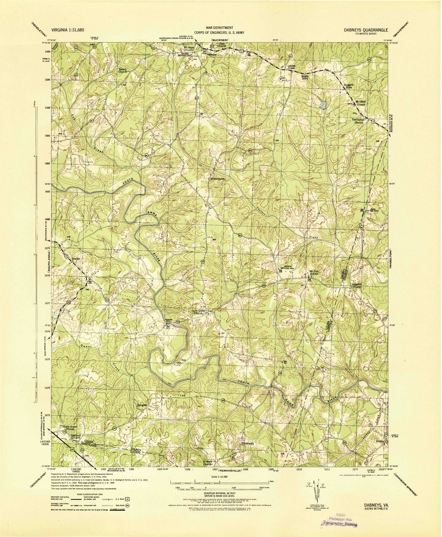 Classic USGS Dabneys Virginia 7.5'x7.5' Topo Map Image