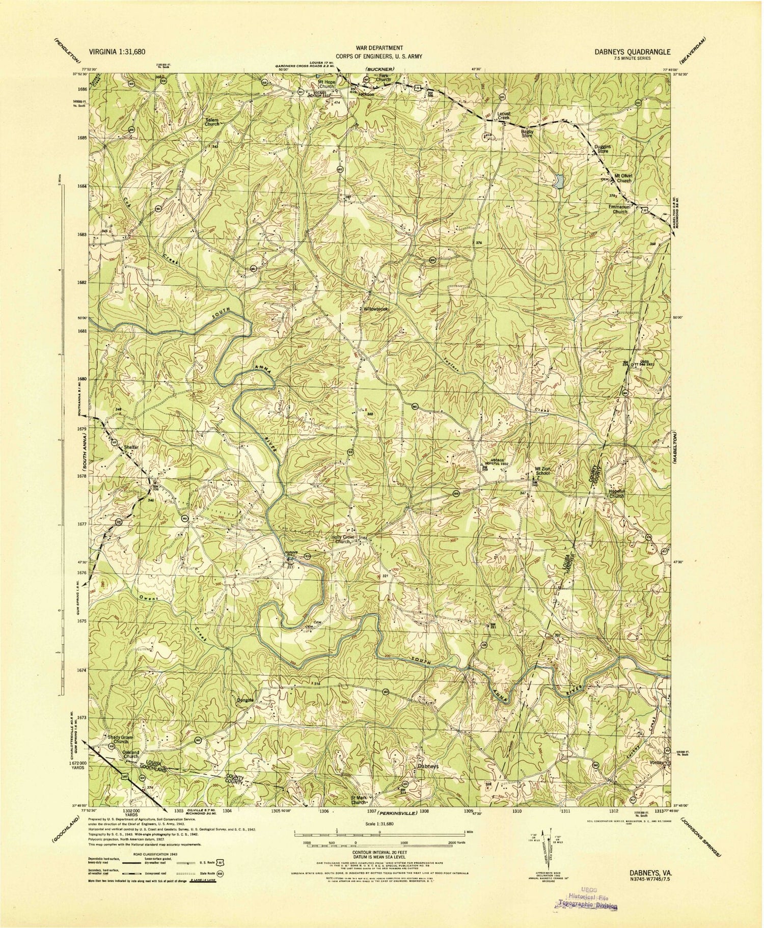 Classic USGS Dabneys Virginia 7.5'x7.5' Topo Map Image