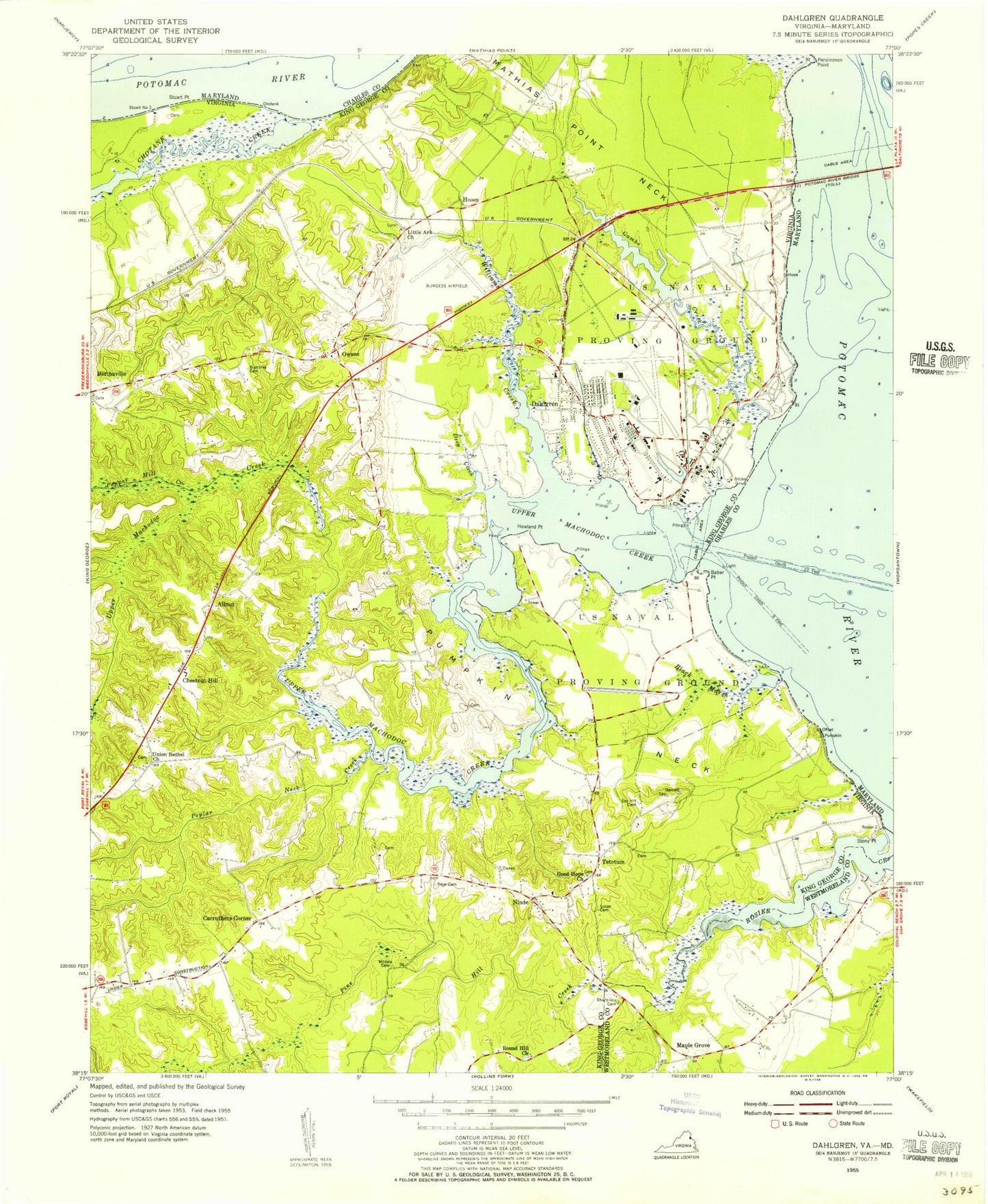 Classic USGS Dahlgren Virginia 7.5'x7.5' Topo Map Image