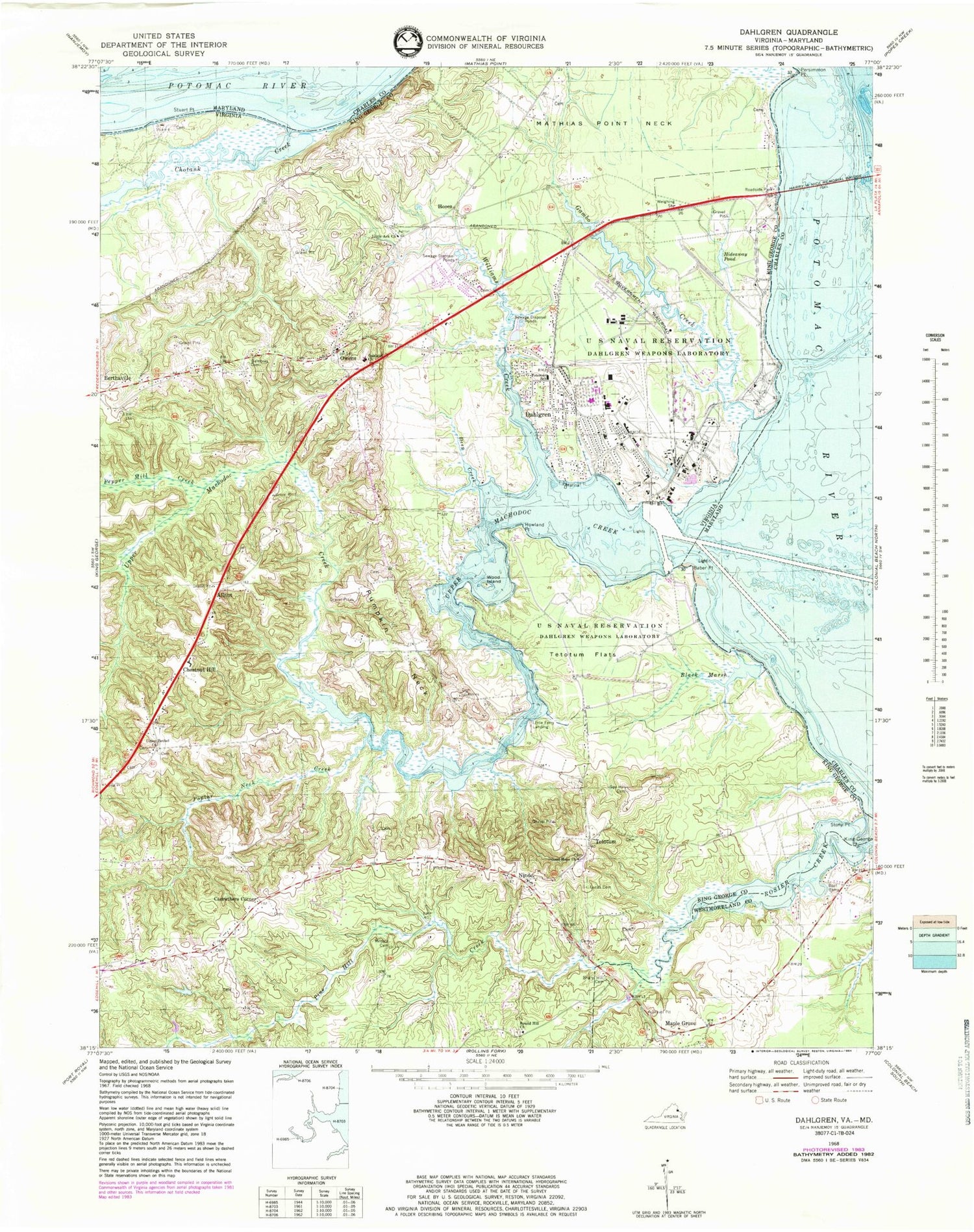 Classic USGS Dahlgren Virginia 7.5'x7.5' Topo Map Image