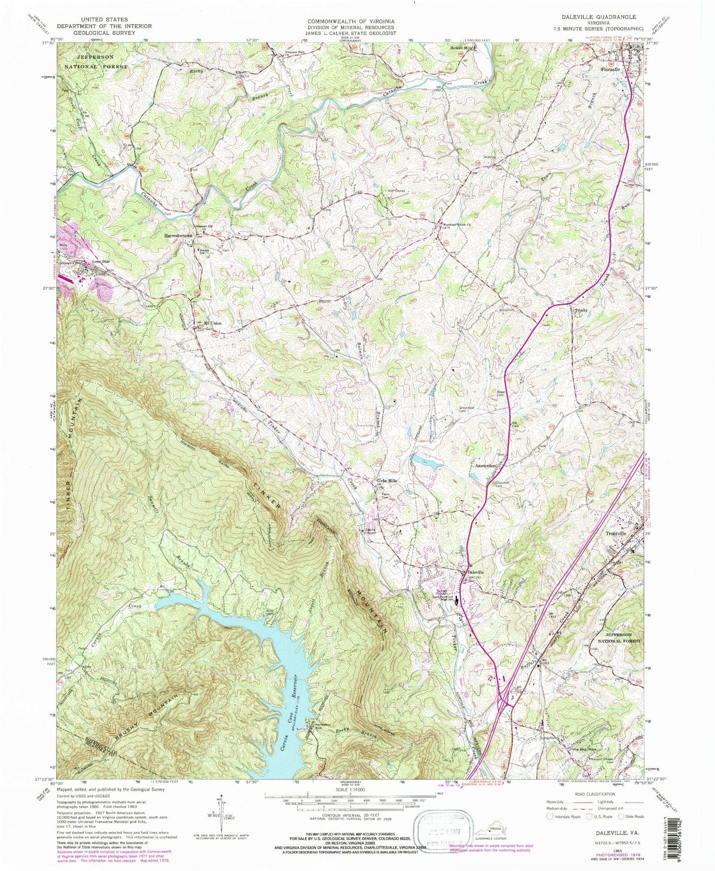 Classic USGS Daleville Virginia 7.5'x7.5' Topo Map Image