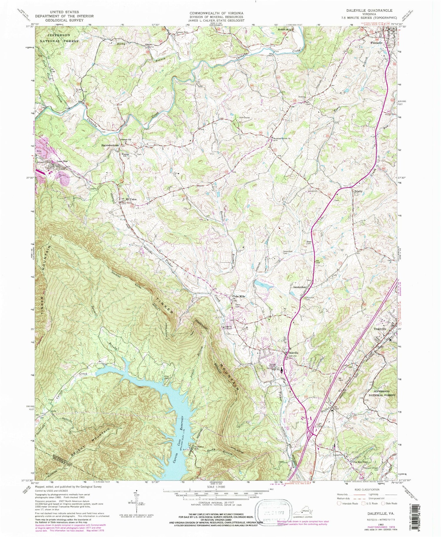 Classic USGS Daleville Virginia 7.5'x7.5' Topo Map Image