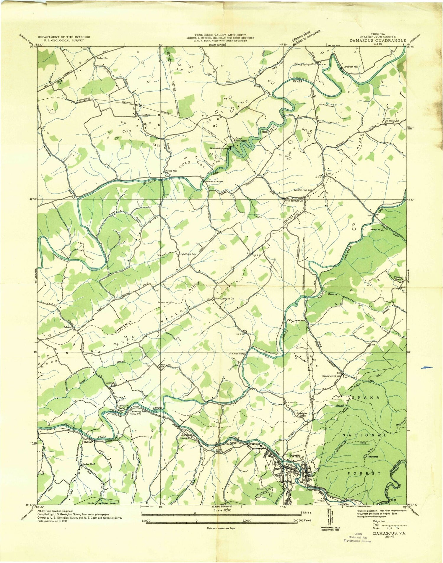 Classic USGS Damascus Virginia 7.5'x7.5' Topo Map Image