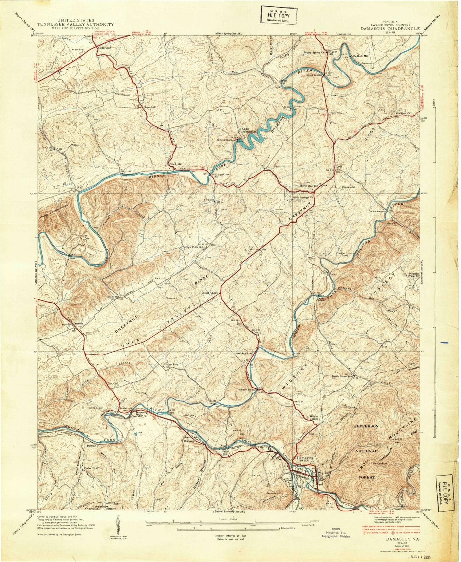 Classic USGS Damascus Virginia 7.5'x7.5' Topo Map Image