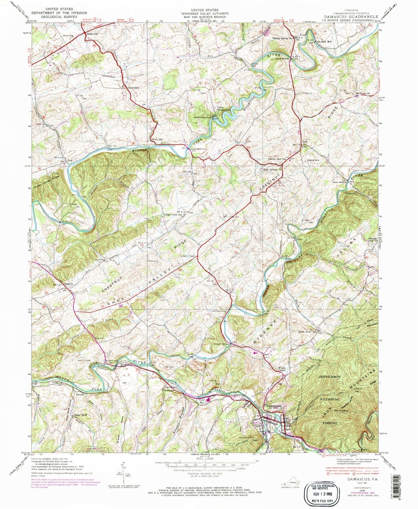 Classic USGS Damascus Virginia 7.5'x7.5' Topo Map Image
