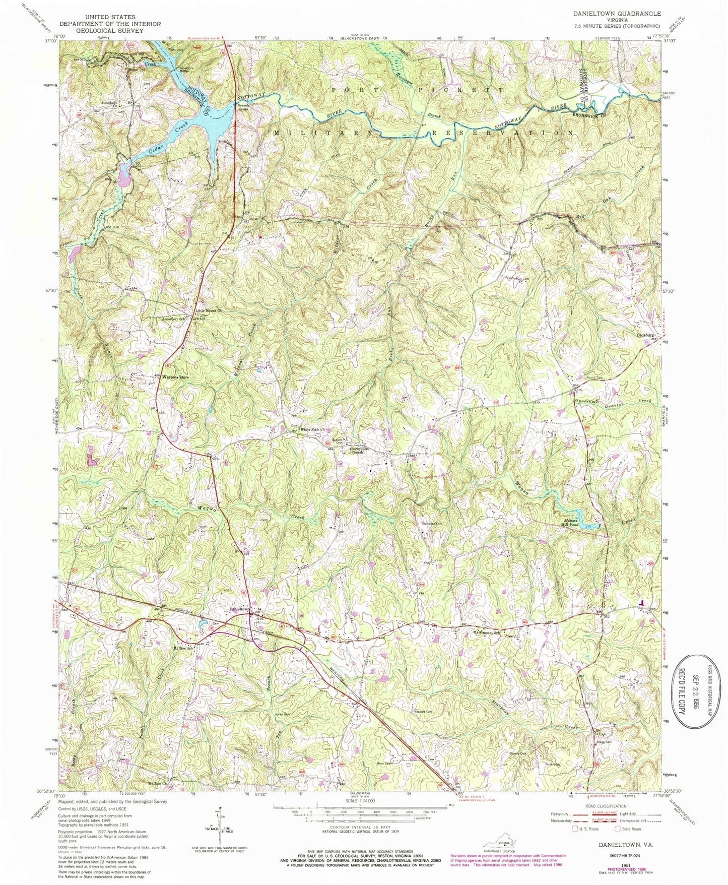 Classic USGS Danieltown Virginia 7.5'x7.5' Topo Map Image