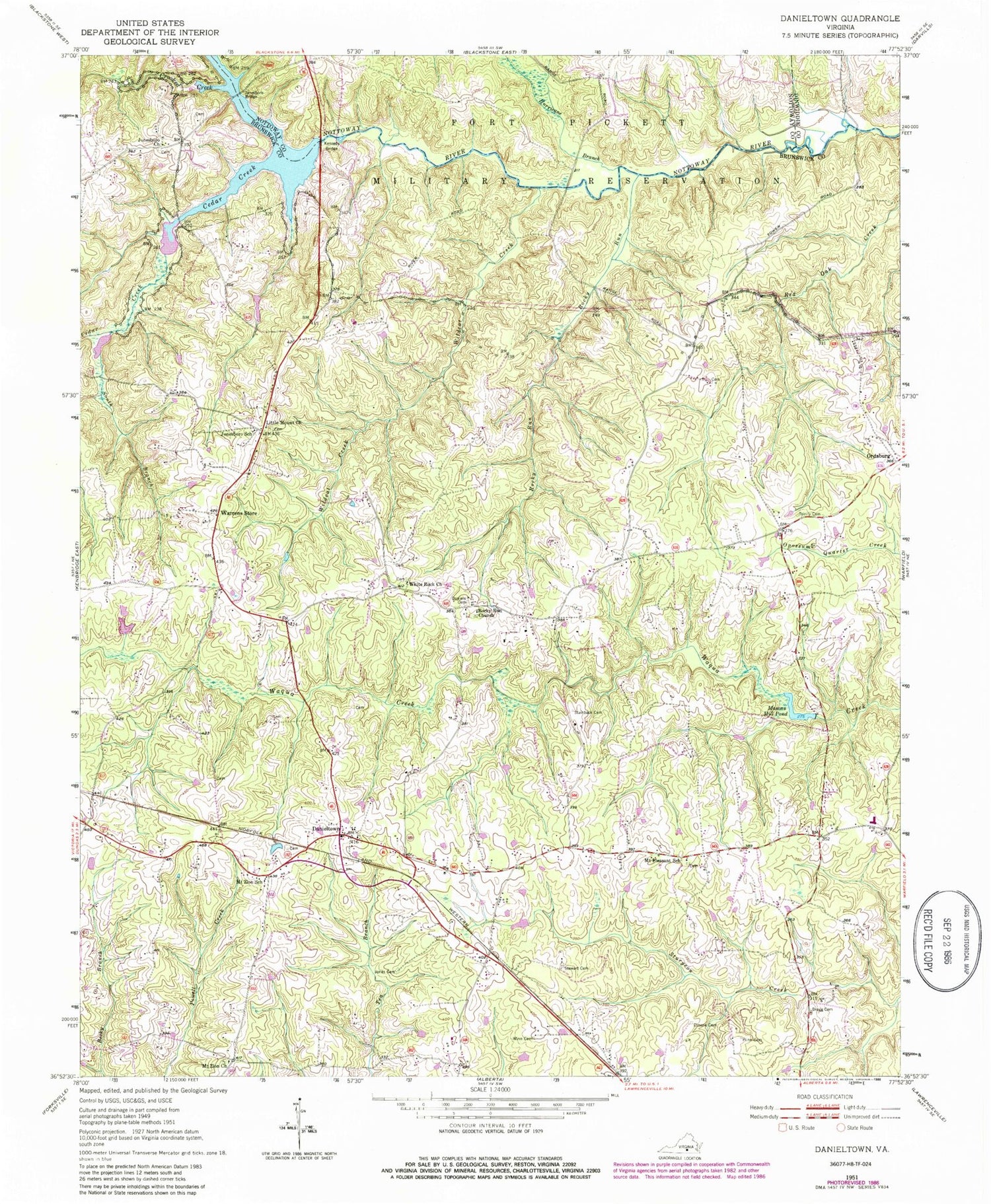 Classic USGS Danieltown Virginia 7.5'x7.5' Topo Map Image