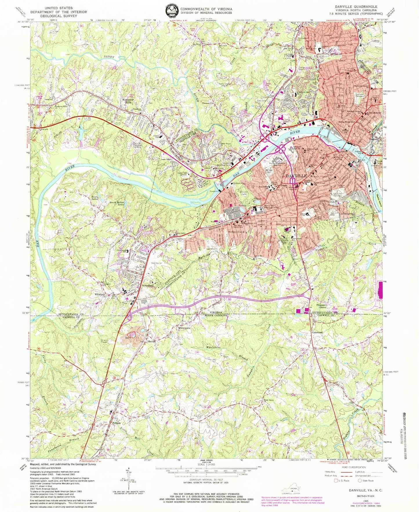 Classic USGS Danville Virginia 7.5'x7.5' Topo Map Image