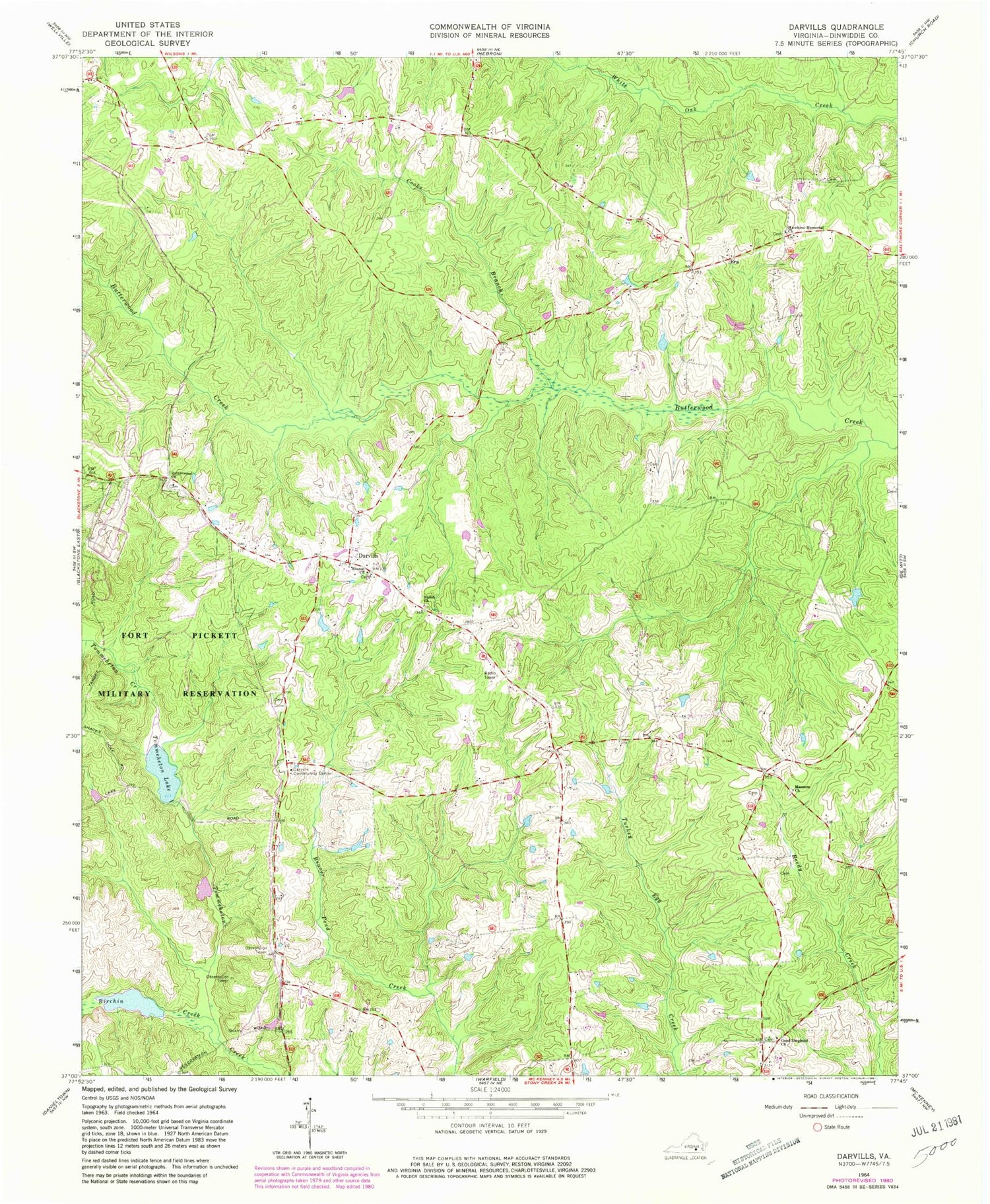 Classic USGS Darvills Virginia 7.5'x7.5' Topo Map Image