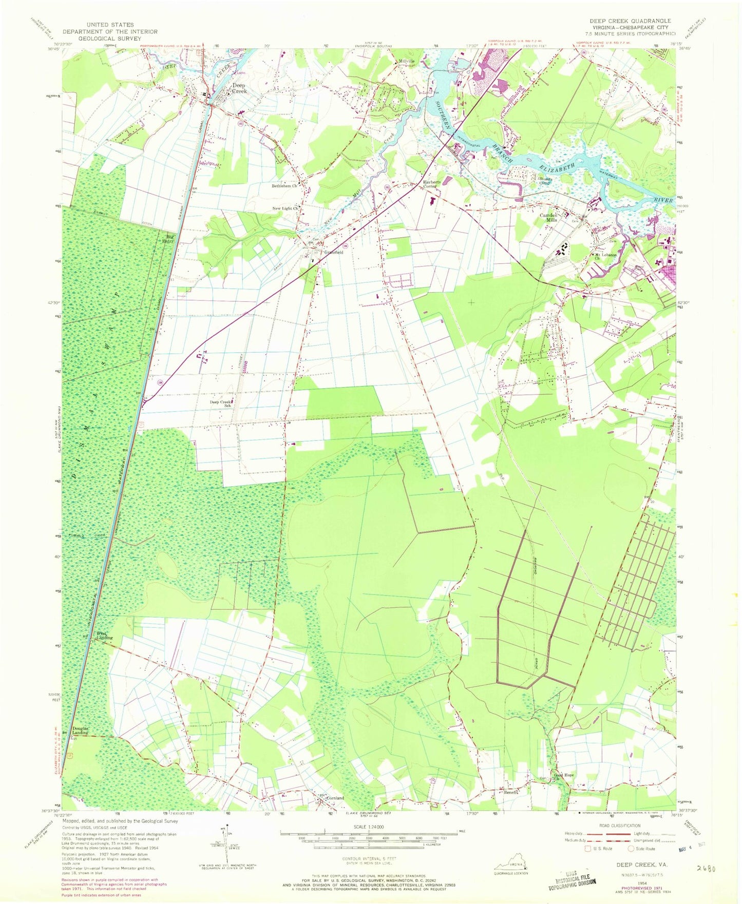 Classic USGS Deep Creek Virginia 7.5'x7.5' Topo Map Image