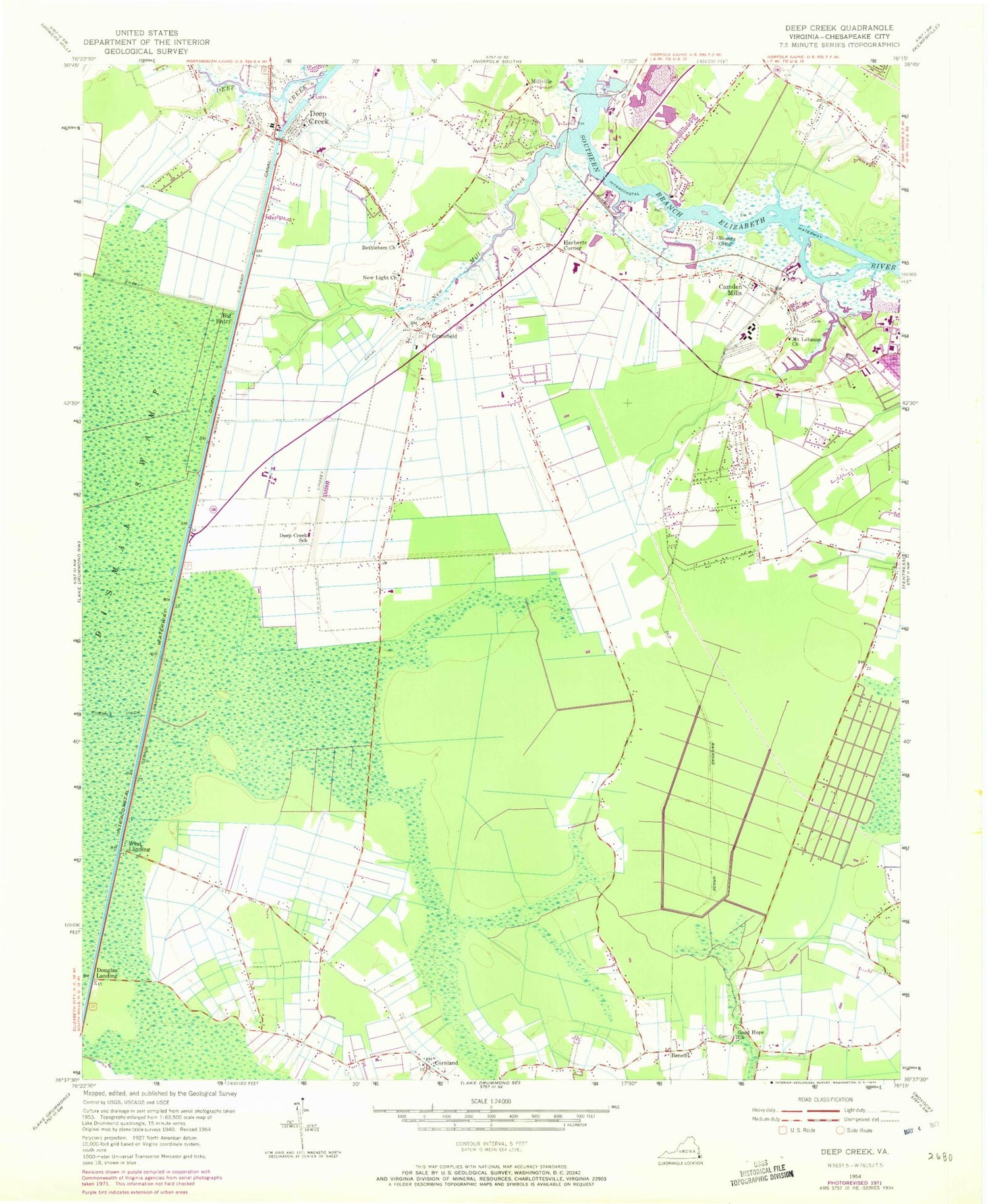 Classic USGS Deep Creek Virginia 7.5'x7.5' Topo Map Image