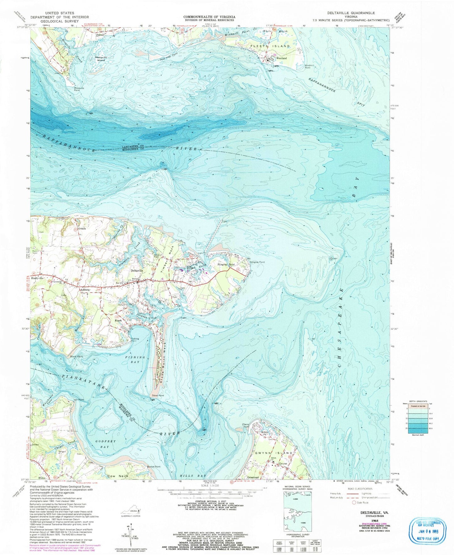 Classic USGS Deltaville Virginia 7.5'x7.5' Topo Map Image