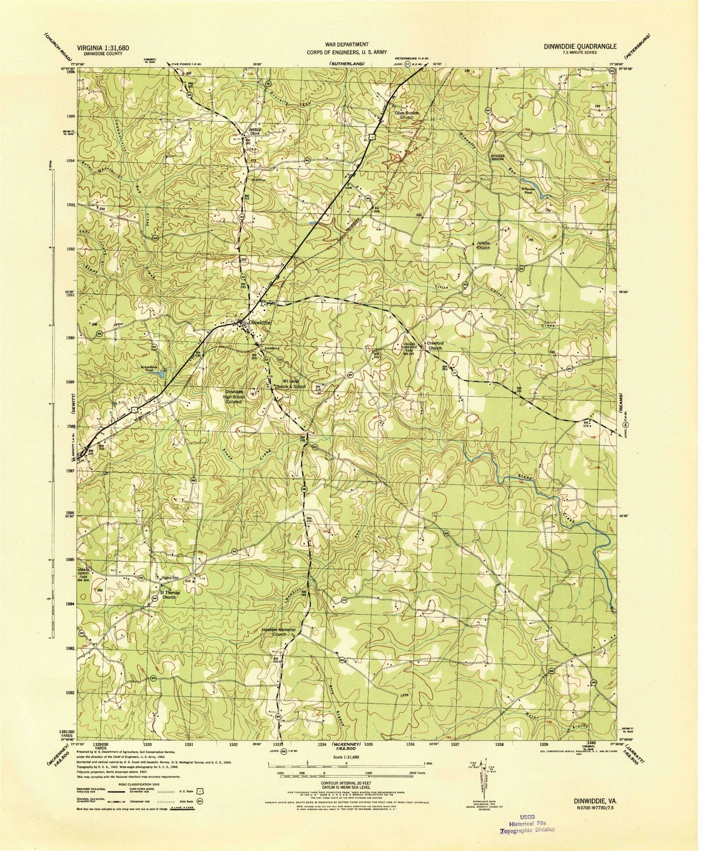 Classic USGS Dinwiddie Virginia 7.5'x7.5' Topo Map Image