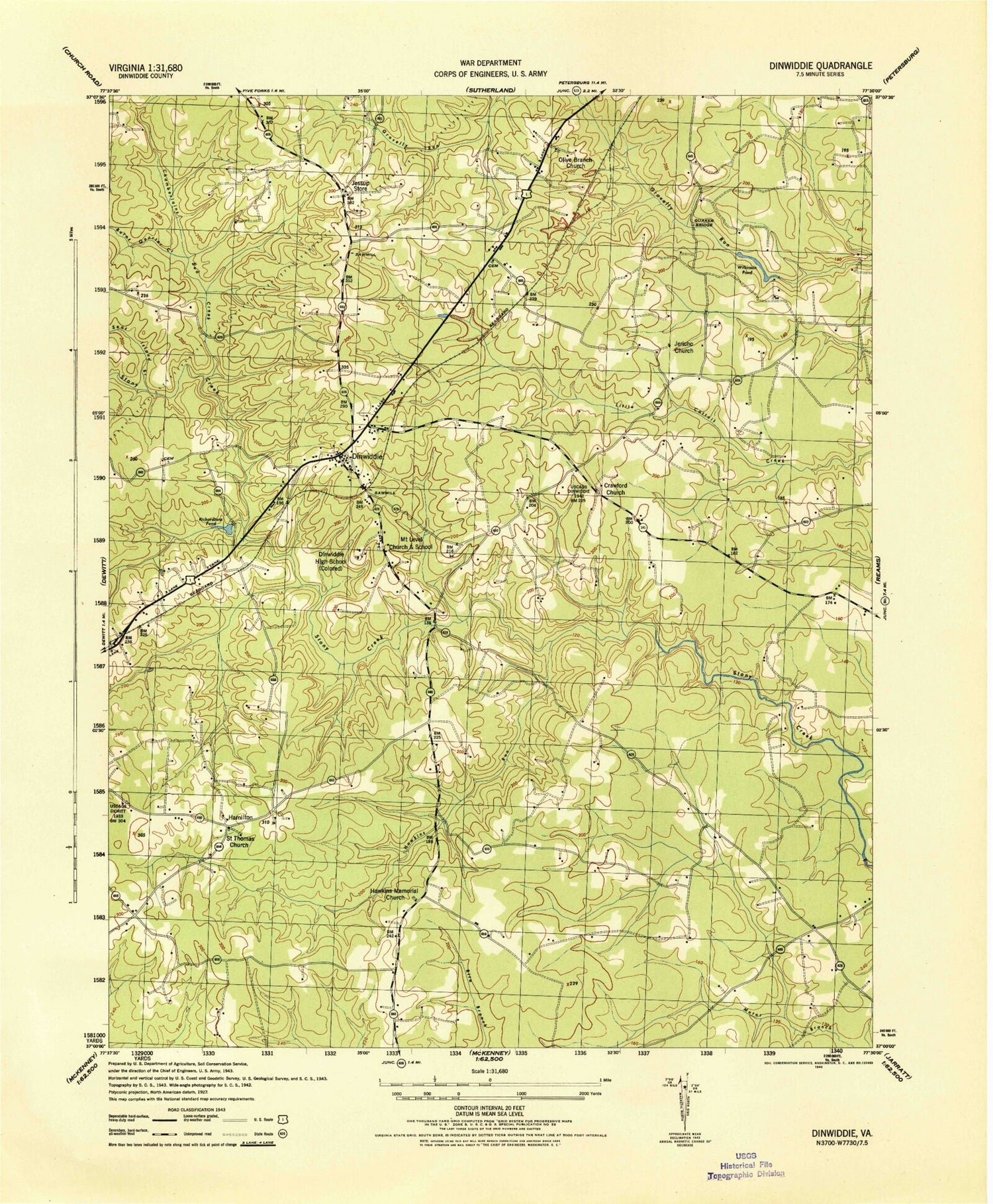 Classic USGS Dinwiddie Virginia 7.5'x7.5' Topo Map Image