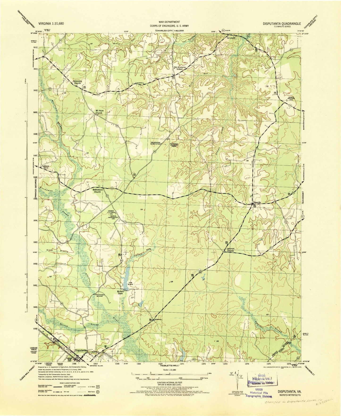Classic USGS Disputanta North Virginia 7.5'x7.5' Topo Map Image
