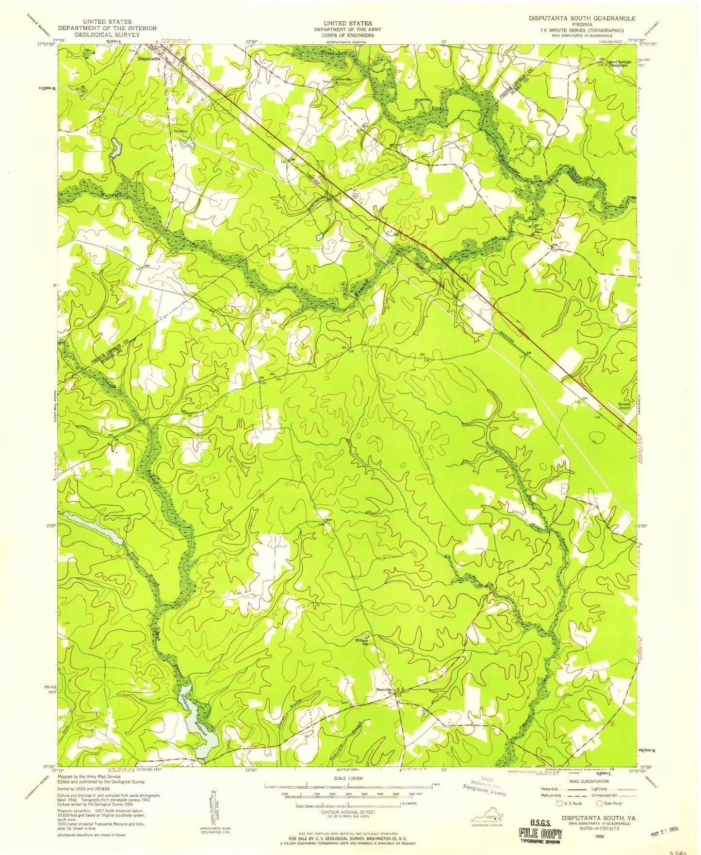 Classic USGS Disputanta South Virginia 7.5'x7.5' Topo Map Image