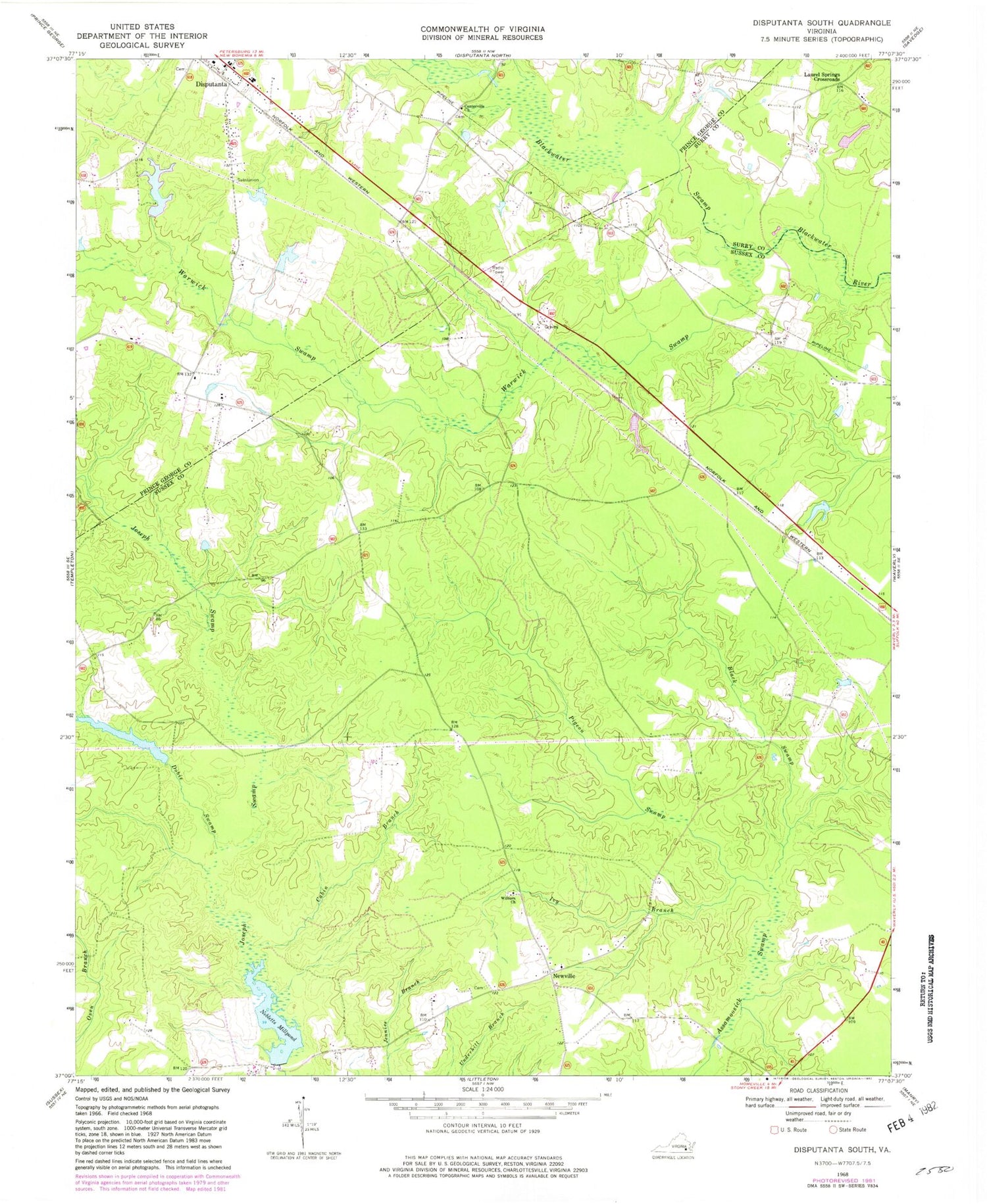 Classic USGS Disputanta South Virginia 7.5'x7.5' Topo Map Image