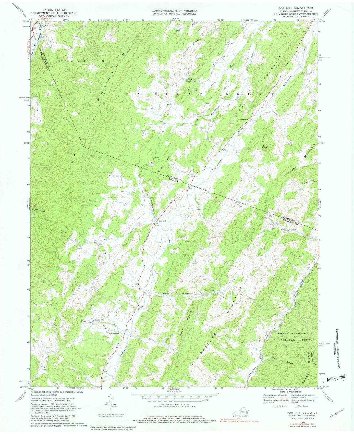 Classic USGS Doe Hill Virginia 7.5'x7.5' Topo Map Image
