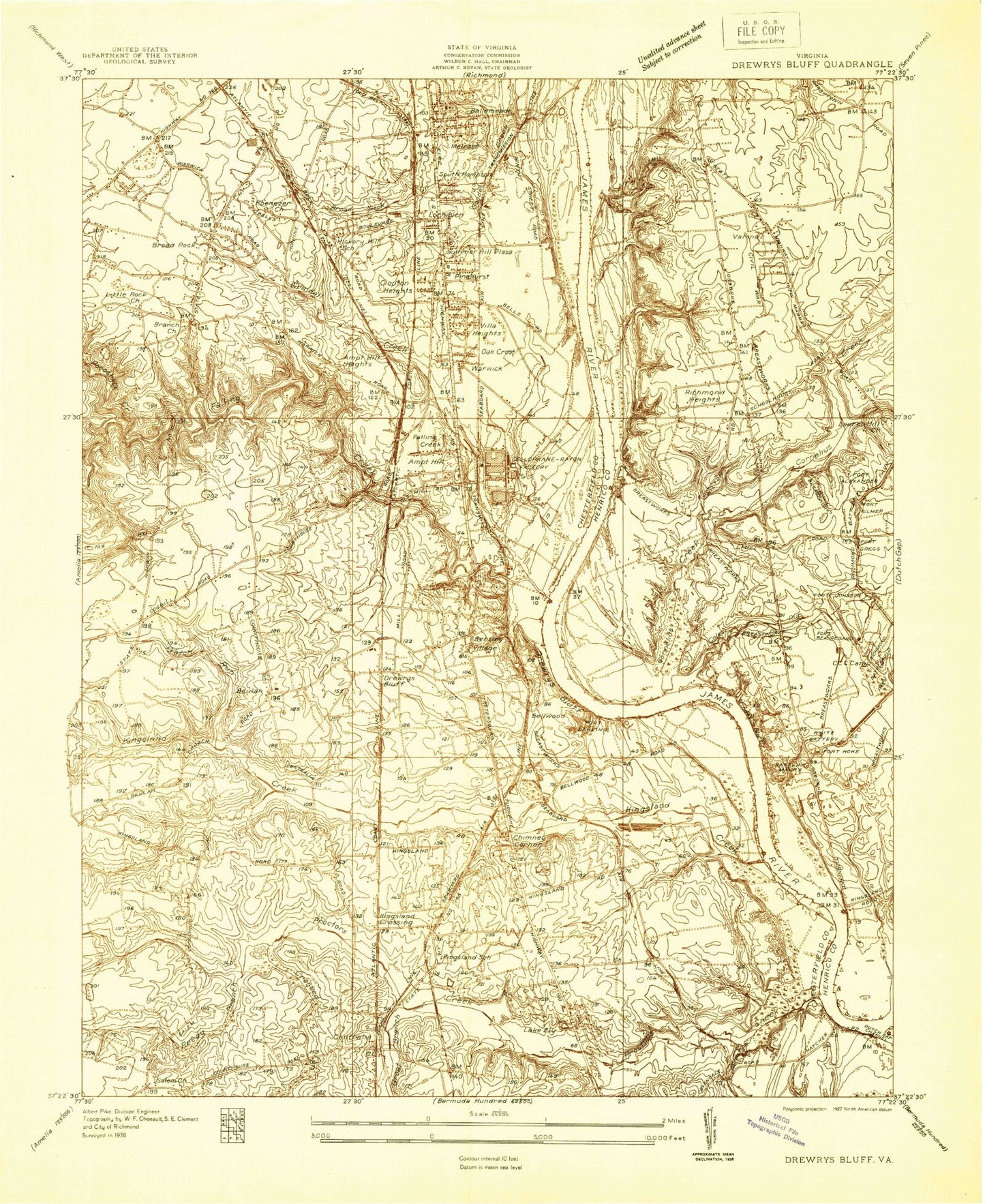 Classic USGS Drewrys Bluff Virginia 7.5'x7.5' Topo Map Image