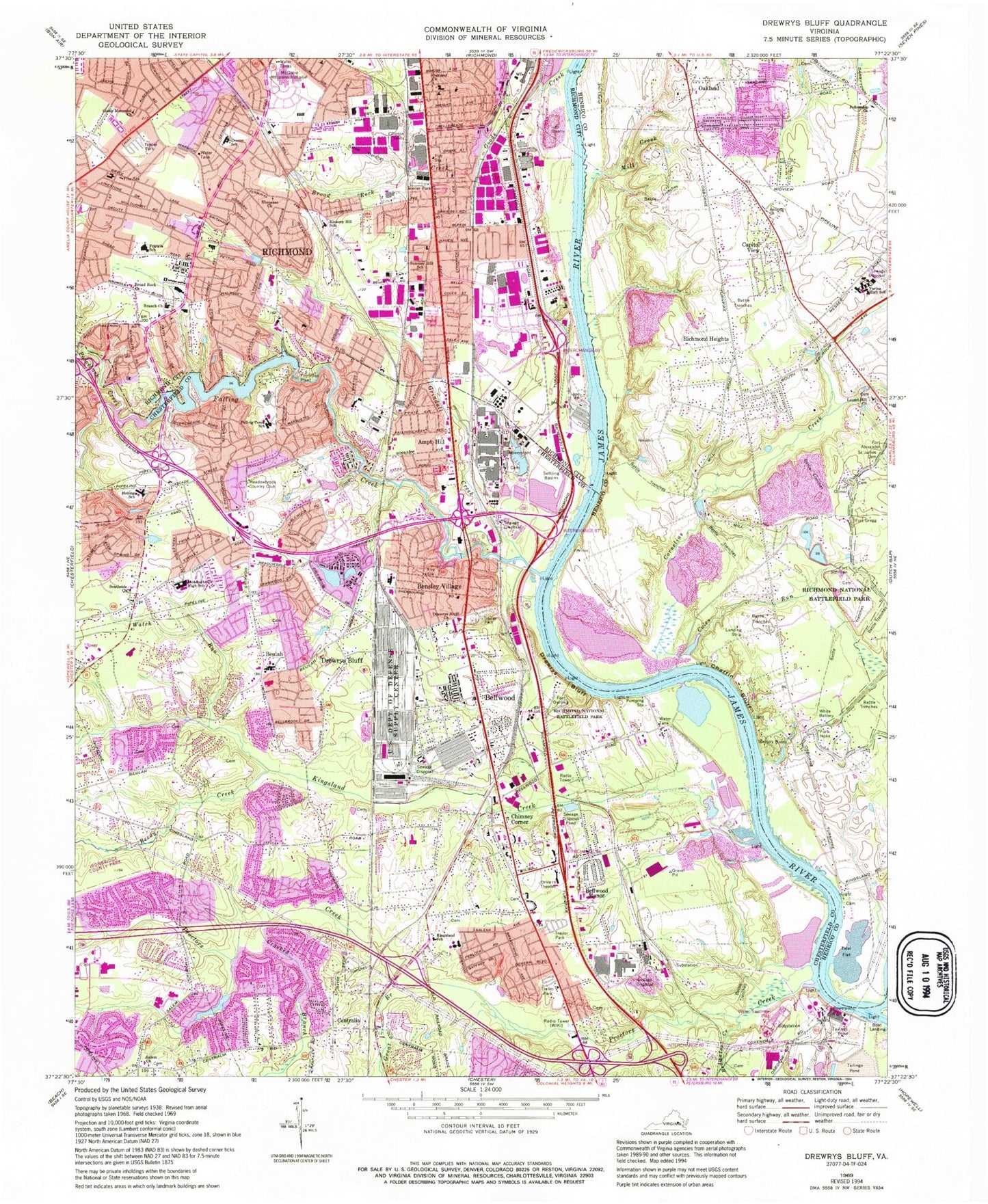 Classic USGS Drewrys Bluff Virginia 7.5'x7.5' Topo Map Image
