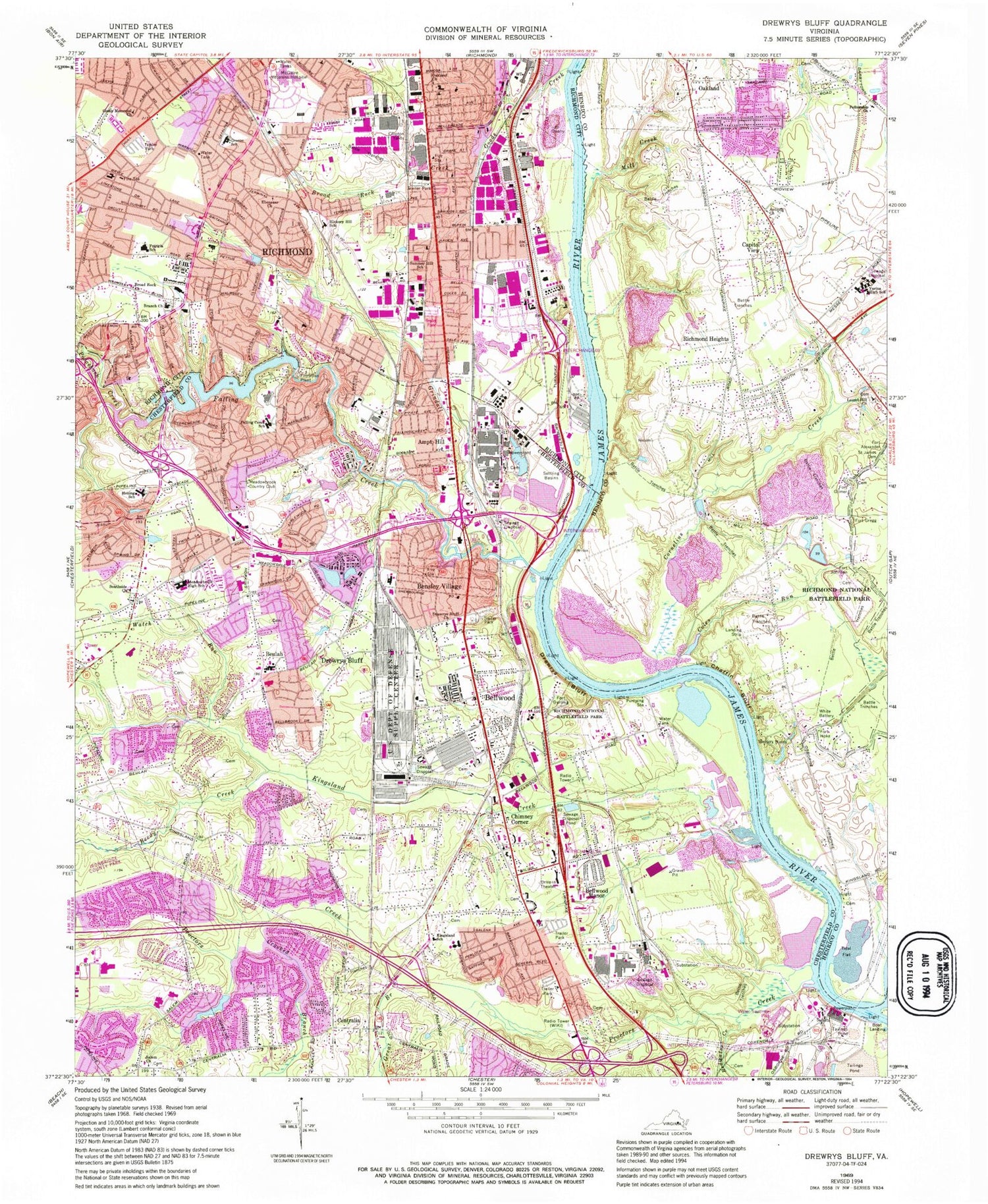 Classic USGS Drewrys Bluff Virginia 7.5'x7.5' Topo Map Image