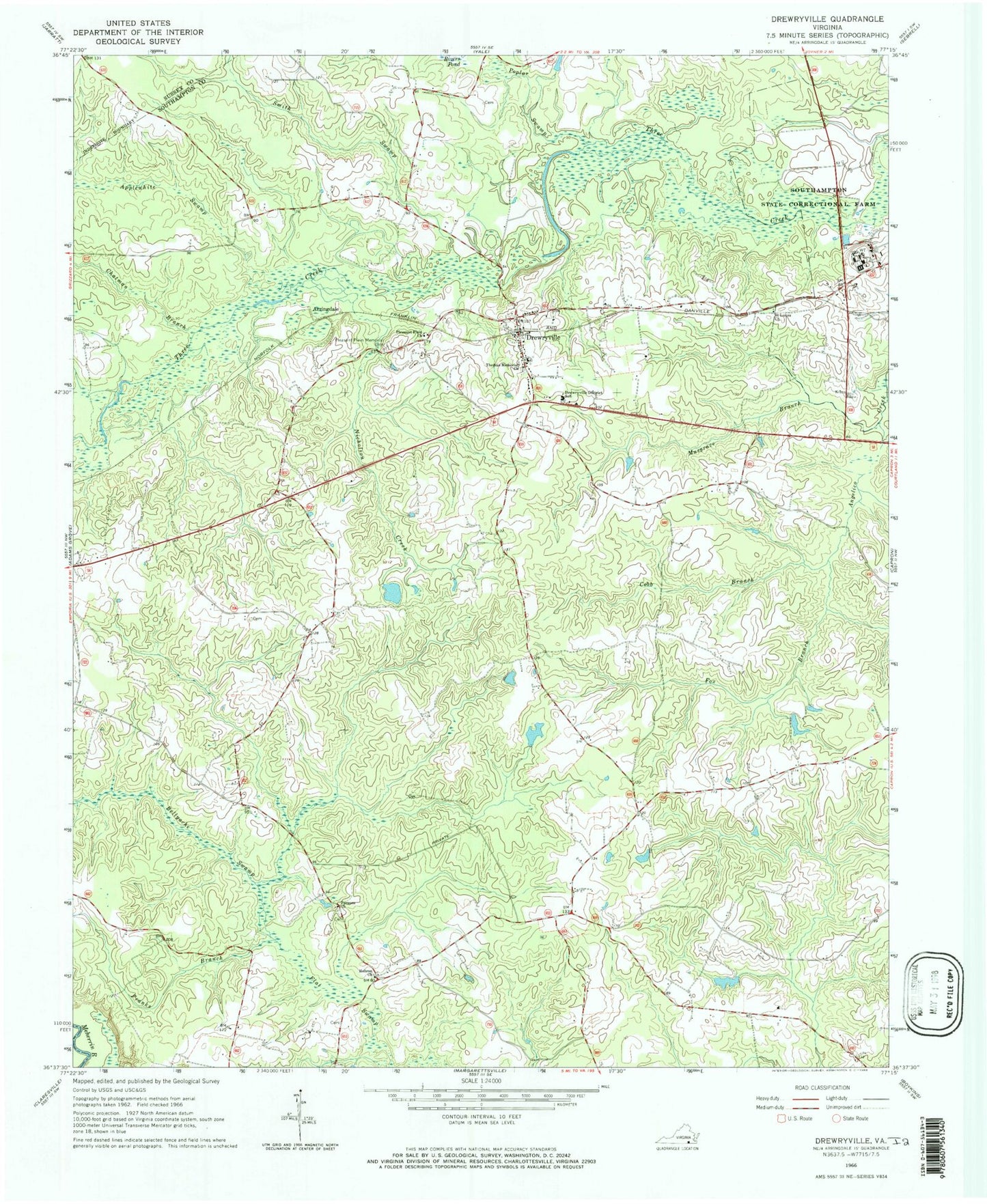 Classic USGS Drewryville Virginia 7.5'x7.5' Topo Map Image