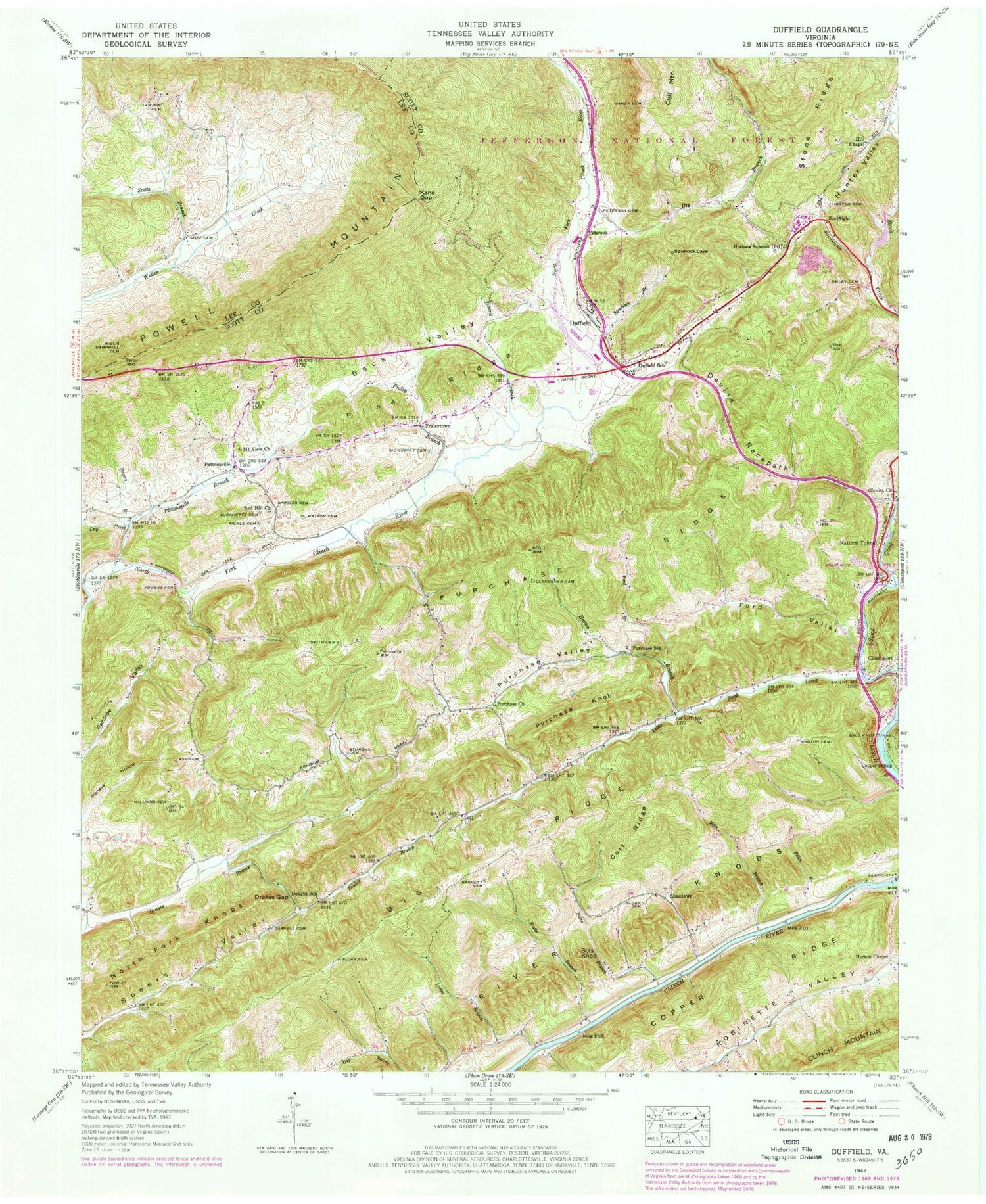 Classic USGS Duffield Virginia 7.5'x7.5' Topo Map Image