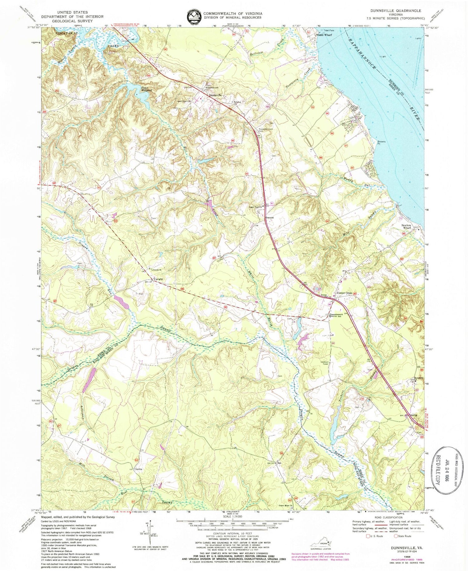Classic USGS Dunnsville Virginia 7.5'x7.5' Topo Map Image