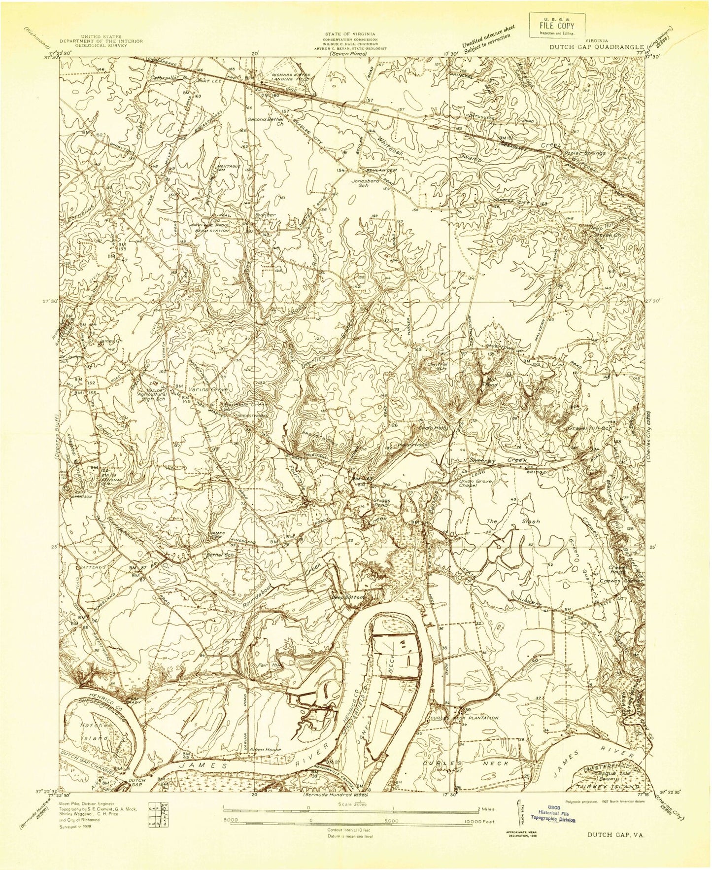 Classic USGS Dutch Gap Virginia 7.5'x7.5' Topo Map Image
